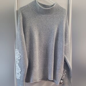 INC International Concepts Light Gray Crewneck Sweater with Lace Sleeve Applique
